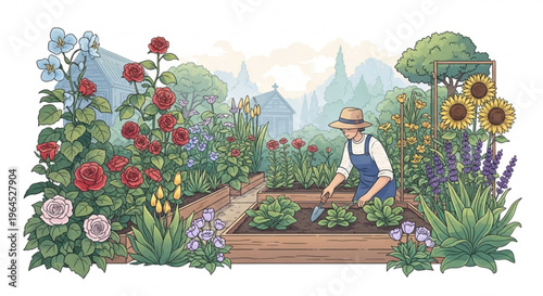 Gardener planting seedlings in a vibrant flower garden with raised beds and variety of colorful blooms