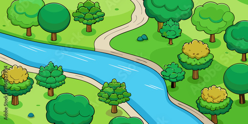 top view of summer green trees with a river
