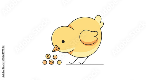 A cute, yellow chick cartoon is bending over, eating seeds. It has round body, wing, and beak