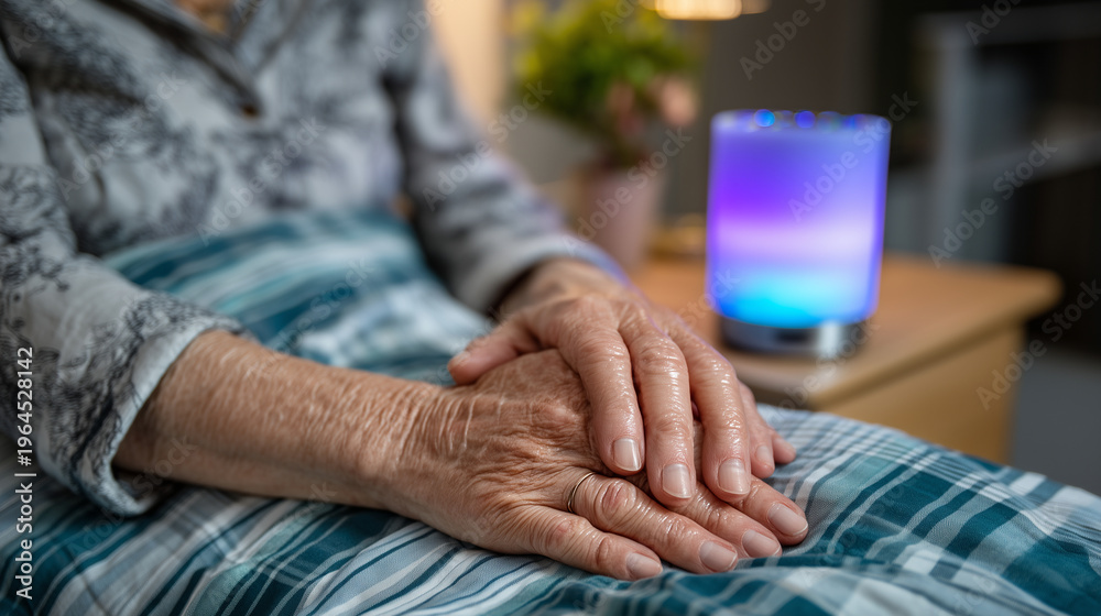 Fototapeta premium Close up of arthritic hands using voice assistant device, smart speaker glowing on bedside table, medication reminders visible on connected screen, perfect for assistive technology