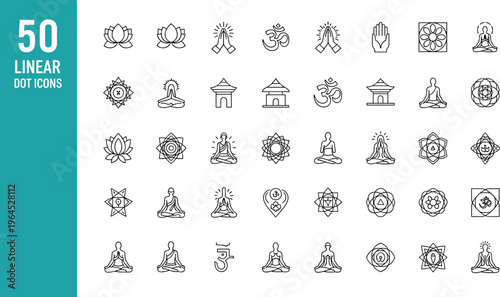 Meditation and spiritual linear dot icons set with yoga lotus chakra and temple symbols vector illustration isolated on white background