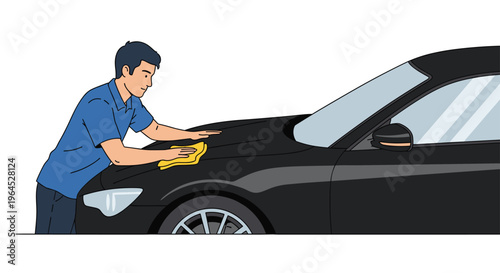 A man in a blue shirt and jeans is wiping the black car's hood with a yellow microfiber cloth from a side perspective.