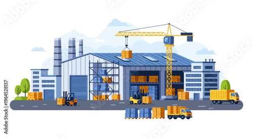 Factory, Warehouse & Logistics Operations: Industrial Complex with Crane, Forklifts, and Delivery Trucks. Manufacturing Supply Chain