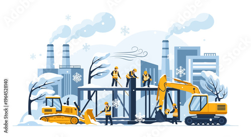 Winter Construction Site with Workers, Bulldozer & Excavator. Snow Removal & Building Work in Cold Weather with Industrial Background, Flat Vector.