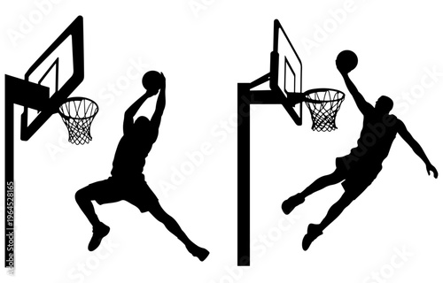 Basketball player silhouette jumping to perform a slam dunk, athlete scoring points during a competitive match on a hoop with backboard, basketball, dunk, silhouette, player, athlete, sport, jump 