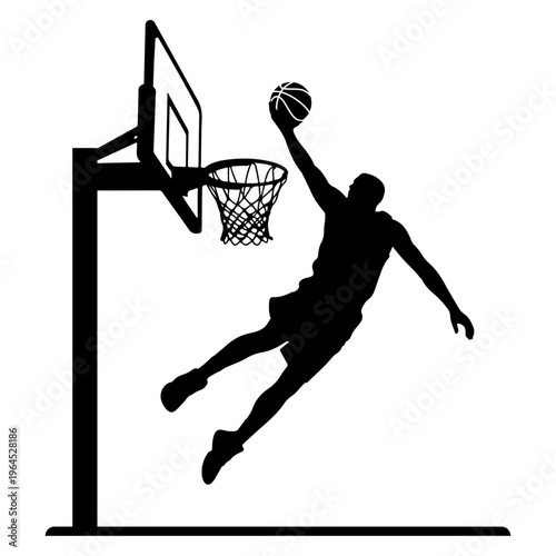 Silhouette of a basketball player flying through the air for a dunk, athletic man performing a high jump to reach the basket in a sports arena, basketball, player, silhouette, dunk, athlete, sports