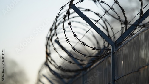Sharp, spiraling razor wire sits atop a robust security fence, glinting under a bright, diffused sky. This image conveys strong themes of deterrence, security, and restricted access, often associated