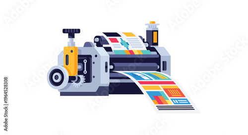 A detailed industrial printing press machine in gray and yellow is actively producing colorful documents with paper moving through rollers.