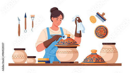 Artisan's Touch: A craftswoman carefully tending to a collection of ceramic art pieces, engrossed in the delicate process of creation and preservation.