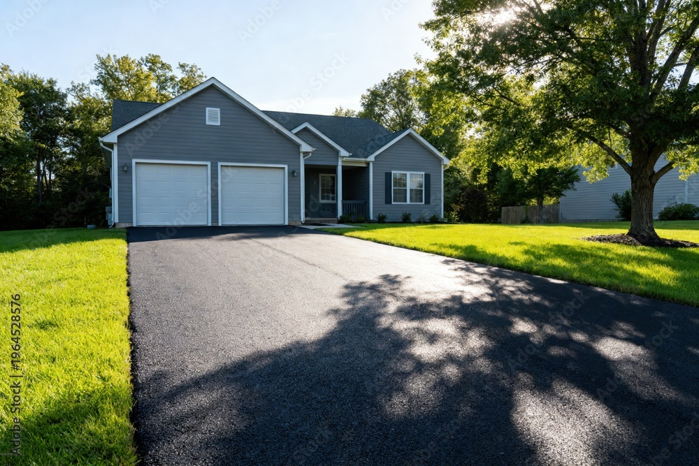 Fototapeta premium Beautiful Suburban House Exterior with Lawn Trees and Driveway Real Estate Home Ownership Concept