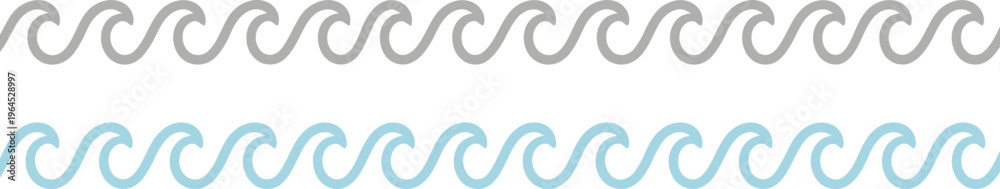 Fototapeta premium Minimalist ocean wave border set, seamless blue and grey sea wave patterns, decorative nautical line art dividers for summer coastal design