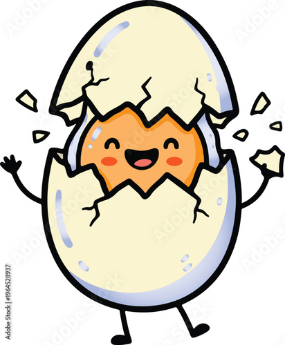 A cheerful cartoon chick emerges from a cracked eggshell with a big smile on its face and arms raised in excitement  happy birth
