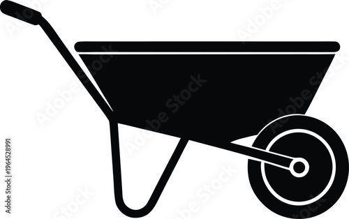 Black silhouette wheelbarrow icon for gardening construction and farm work