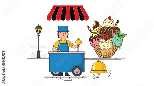 Ice Cream Vendor's Delight: An illustration showing a cheerful ice cream vendor, serving an array of delicious ice cream flavors from a charming cart.