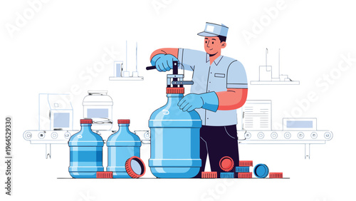 Water Filling Process: A focused worker diligently fills a large water bottle, emphasizing quality and the purity of bottled water production.