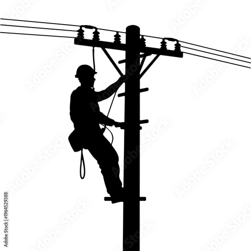 Silhouette of an electrician climbing a utility pole to repair power lines, professional lineman working on high voltage electrical infrastructure, electrician, lineman, utility, pole, power, electric