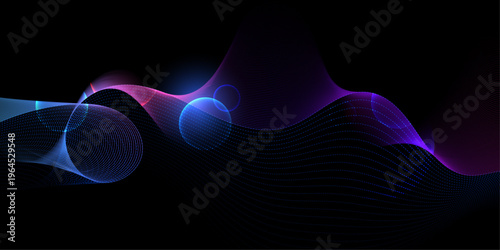Vector illustration abstract futuristic background featuring vibrant blue, purple and red wavy gradient lines with neon, glowing light effects and dynamic particle flowing on a dark space background f