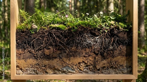 Layered ecosystem view soil, roots, and plants in cross-section style