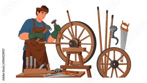 Artisan at Work: An artisan meticulously works on a wooden wheel, embodying traditional craftsmanship, skill, and attention to detail. 