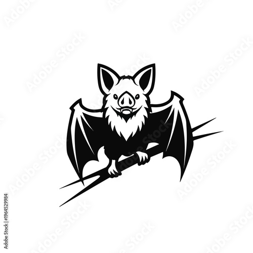 Black and white illustration of a bat with pig face hanging upside down