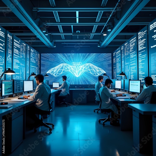 Advanced Technology Research Lab with Scientists Analyzing Digital Data