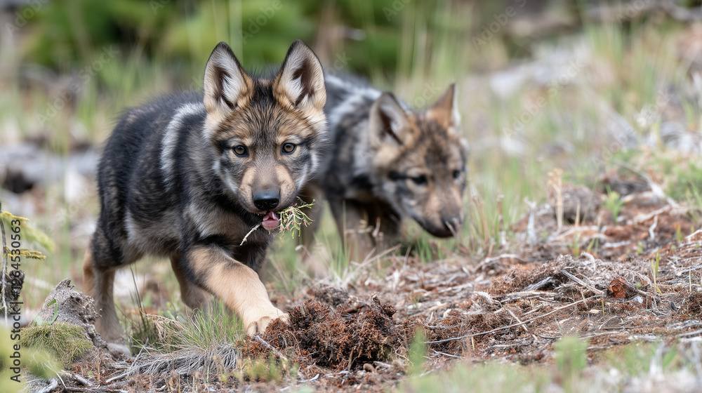 Obraz premium Wolf pup learning hunting posture from adult pack member in meadow clearing, ears alert, body crouched, scattered prey animal tracks visible in soft earth, ideal for wildlife behav