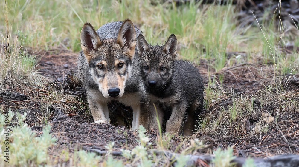 Fototapeta premium Wolf pup learning hunting posture from adult pack member in meadow clearing, ears alert, body crouched, scattered prey animal tracks visible in soft earth, ideal for wildlife behav