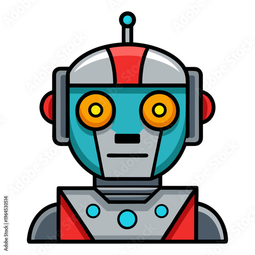 A cartoon robot with a red and gray helmet