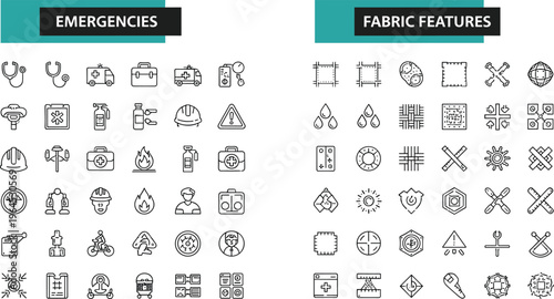 Tableau sur toile Emergencies and fabric features linear dot icons set with safety equipment texti