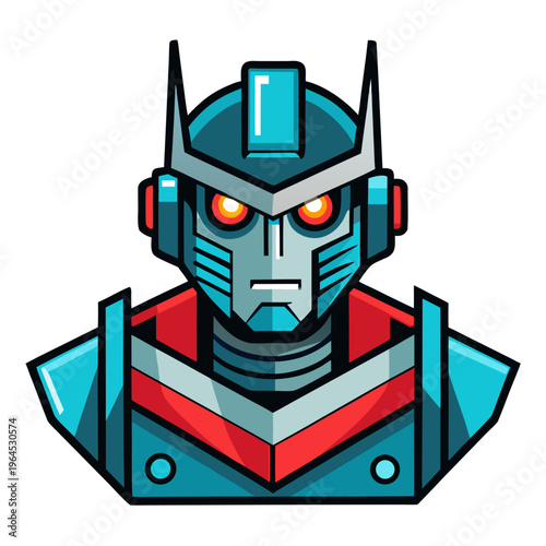 Foto A cartoon robot with red eyes and a blue helmet