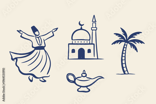 Middle Eastern culture doodle icon set vector illustration