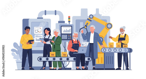 Diverse Team Managing Automated Smart Factory Production Line with Robotics and Data Analytics for Modern Industrial Operations