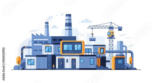 Industrial Factory Complex with Manufacturing Plant, Cranes, and Modular Buildings - Flat Design Illustration