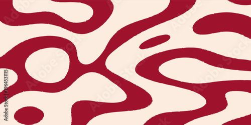 Vibrant abstract background featuring organic, fluid flowing shapes in a bold deep red on a soft cream backdrop. modern design