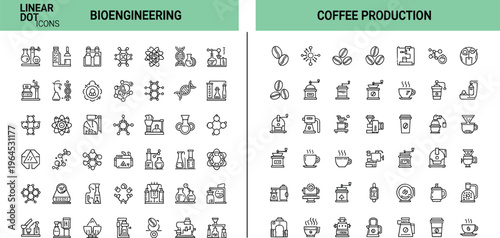 Bioengineering and coffee production linear dot icons set with laboratory science and beverage process symbols vector illustration isolated on white background
