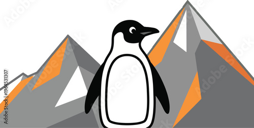 A penguin standing in front of a mountain range with the sun shining brightly in the background, showcasing a serene and peaceful scene.