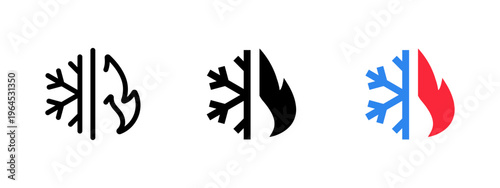 Heat and freeze icon with flame and snowflake representing hot and cold. Temperature, thermal energy and freeze or heat symbol for climate, environment and thermal concepts.