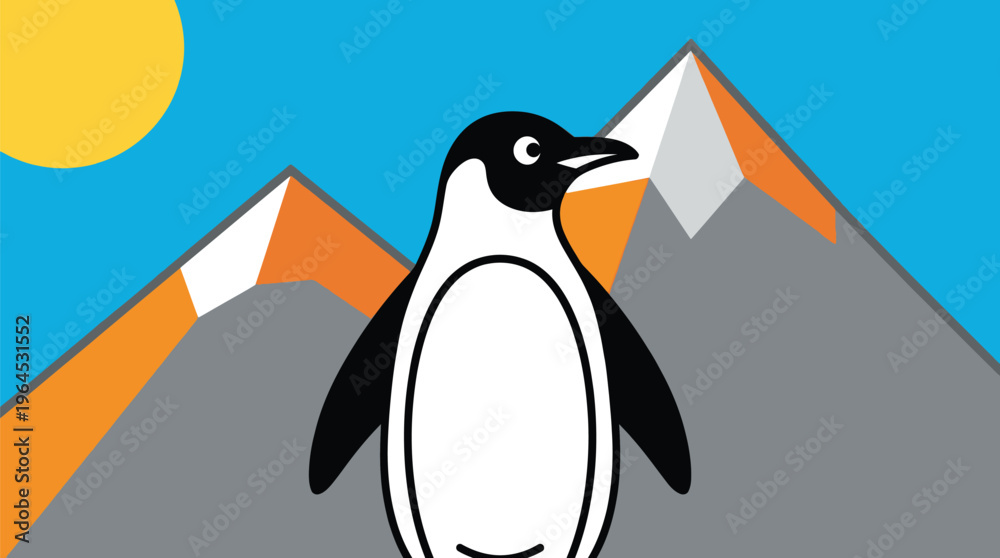 Fototapeta premium Minimalist penguin illustration, cute flightless bird in arctic landscape, flat vector character with snowy mountains and sun