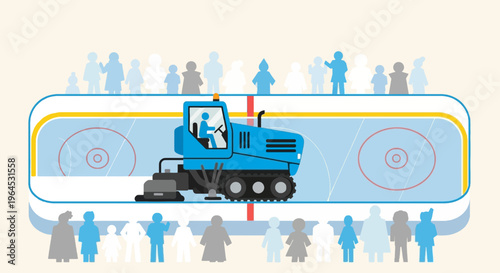 A blue ice resurfacer on an ice rink with spectators. The scene is brightly colored and schematic