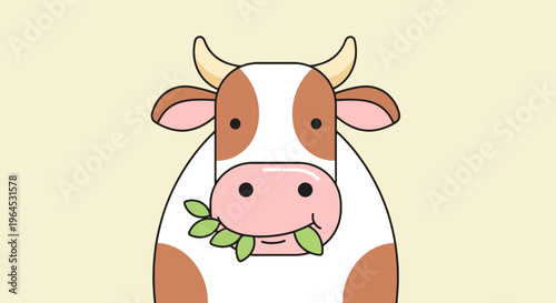 Cartoon cow with brown spots and horns eating leaves on a beige background