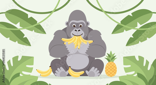 A gray gorilla seated amid jungle foliage eats bananas, with more fruit nearby