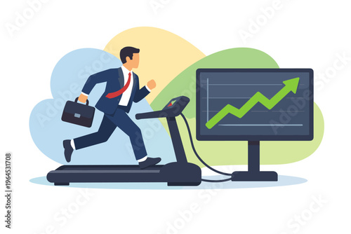 Businessman running on treadmill with stock market graph on screen.