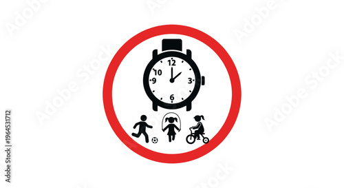 A circular sign featuring a clock above stick figures playing soccer, jump roping, and riding a bike