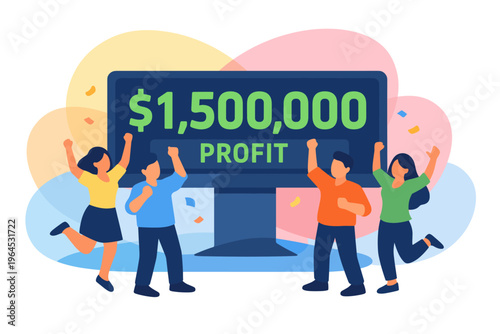 Four People Celebrate One Point Five Million Dollar Profit on Computer Screen.