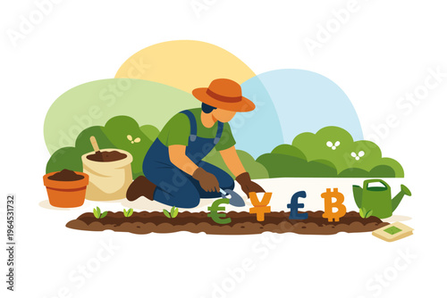 Farmer planting cryptocurrency symbols in fertile soil for growth.