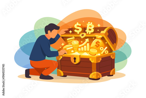 Man discovers treasure chest filled with cryptocurrency and financial growth symbols.