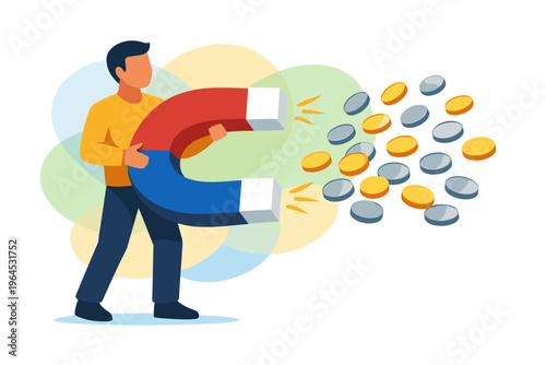Man holding large magnet attracting coins for business growth.