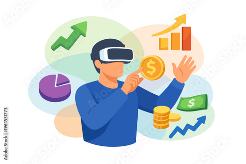 Man wearing VR headset interacting with financial data visualizations.