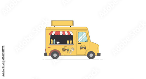 Yellow food truck illustration with a red and white awning, and burger icons