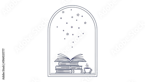 Cozy Reading Nook: An illustration of a stack of books with one open, a cup of beverage, and a celestial pattern creating a tranquil scene.